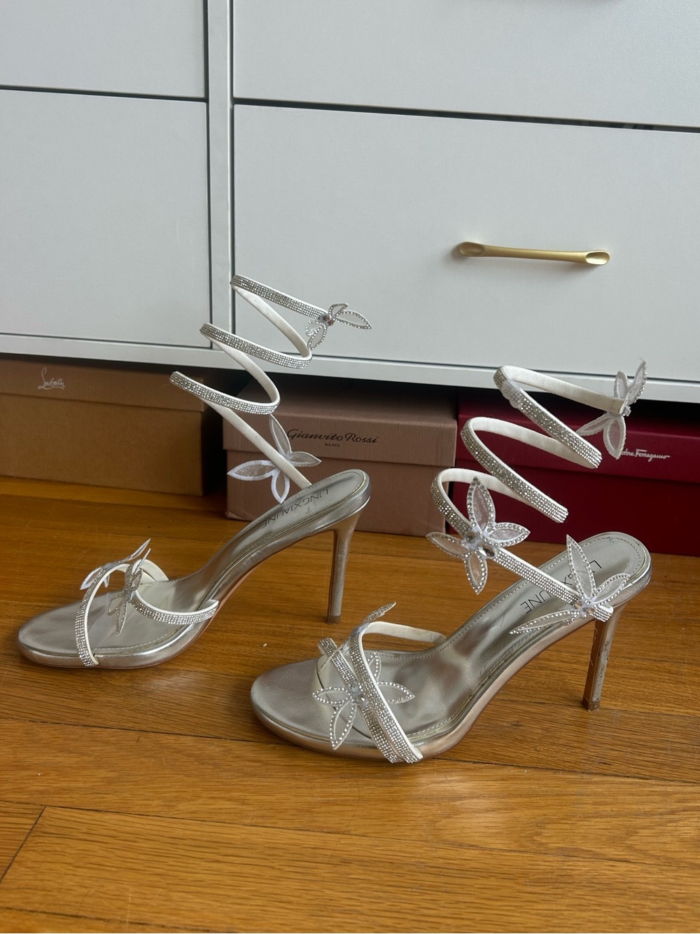 Silver Strappy Butterfly High-Heel Sandals